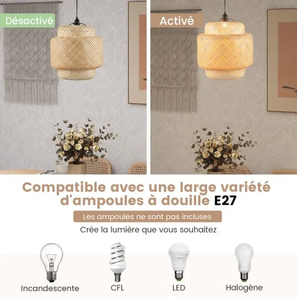 Suspension en Bambou Naturel Lustre avec Abat-jour en Bambou et Douille E27 pour Restaurant Bar Salle à Manger