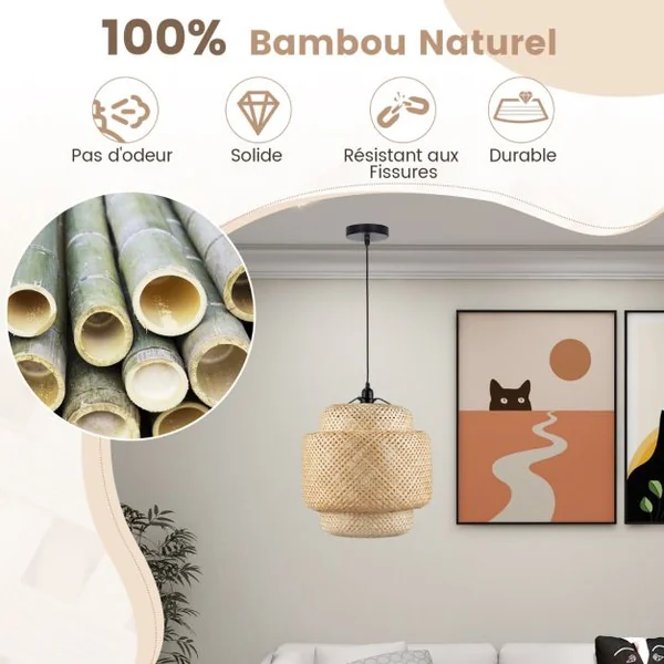 Suspension en Bambou Naturel Lustre avec Abat-jour en Bambou et Douille E27 pour Restaurant Bar Salle à Manger