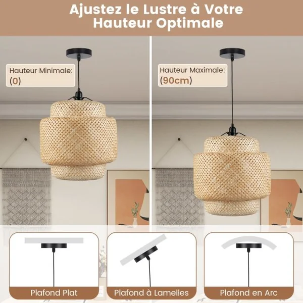 Suspension en Bambou Naturel Lustre avec Abat-jour en Bambou et Douille E27 pour Restaurant Bar Salle à Manger