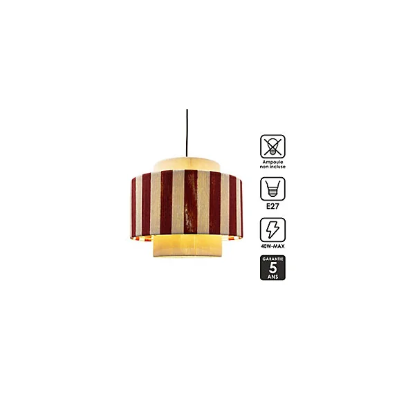 Suspension en corde de coton rayée E27 40W blanc et rouge Ø38 cm Jumell Moyo