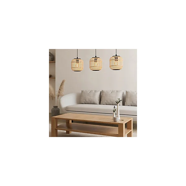 Suspension en métal noir bois 3 lampes E27 84W H.110 x L.91cm Eglo, Hanoi