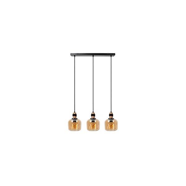 Suspension en verre 3 lampes E27 120W noir et ambre L.70 x l.18 x H.150 cm Lucide Ilona