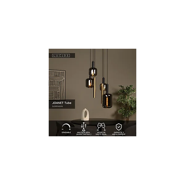 Suspension en verre 4 lampes E27 240 W noir et or Ø65 x H.150 cm Lucide Joanet tube