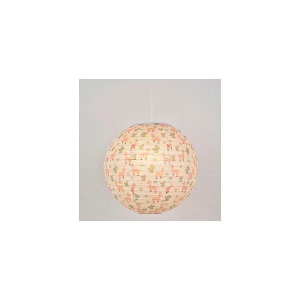 Suspension enfant boule japonaise en papier de riz imprimé lama E27 60W rose Ø40cm Corep
