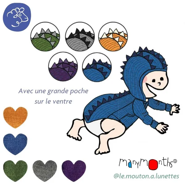 Sweat Dinos ManyMonths - Sweat à capuche en laine mérinos