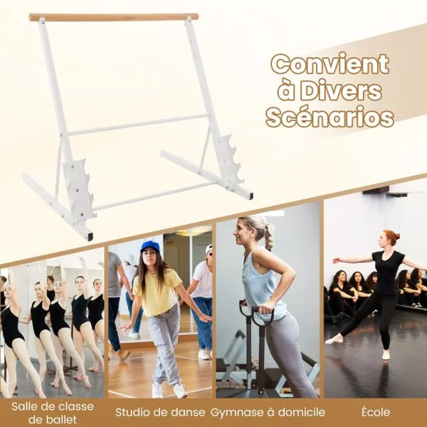 Système de Barre de Ballet Autoportant Barre de Support Extensible de Danse Support en Métal Robuste Roues et Supports de Poids Équipement de Danse Blanc