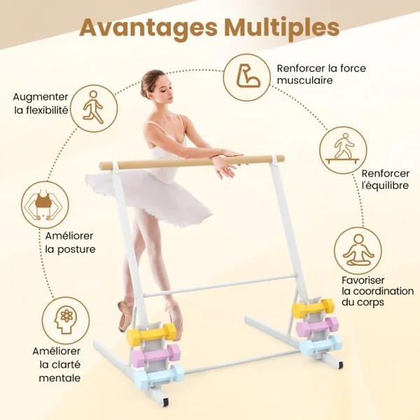 Système de Barre de Ballet Autoportant Barre de Support Extensible de Danse Support en Métal Robuste Roues et Supports de Poids Équipement de Danse Blanc