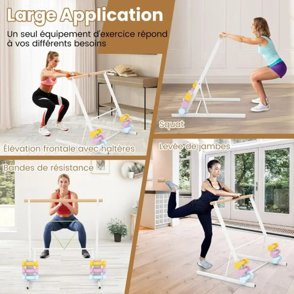 Système de Barre de Ballet Autoportant Barre de Support Extensible de Danse Support en Métal Robuste Roues et Supports de Poids Équipement de Danse Blanc