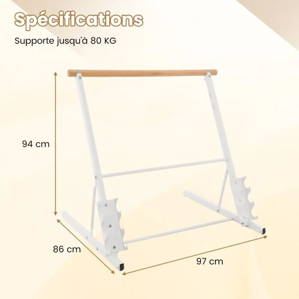 Système de Barre de Ballet Autoportant Barre de Support Extensible de Danse Support en Métal Robuste Roues et Supports de Poids Équipement de Danse Blanc