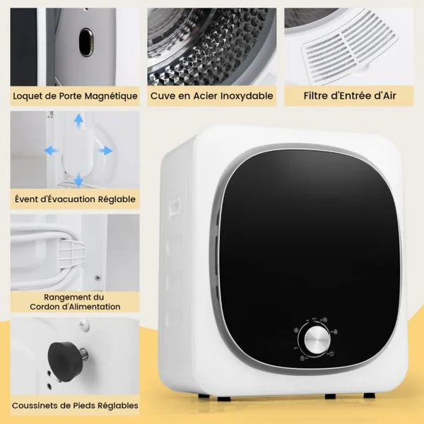 Sèche-Linge Compact 2,5KG Sèche-Linge Portable 800W avec 5 Modes de Séchage Tambour en Acier Inoxydable Bouton de Contrôle Facile