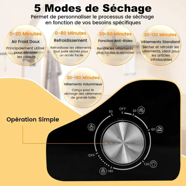 Sèche-Linge Compact 2,5KG Sèche-Linge Portable 800W avec 5 Modes de Séchage Tambour en Acier Inoxydable Bouton de Contrôle Facile