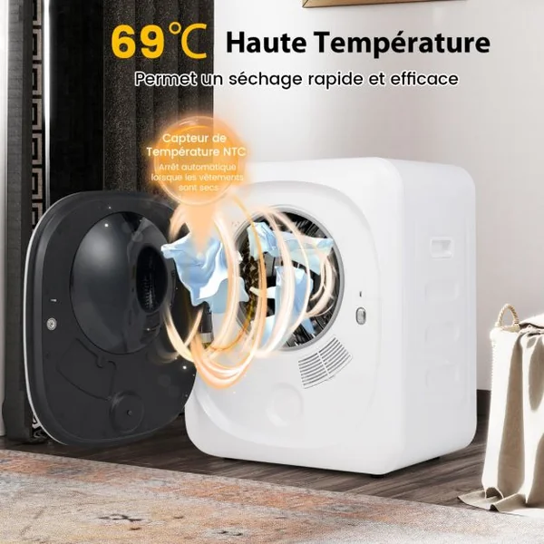 Sèche-Linge Compact 2,5KG Sèche-Linge Portable 800W avec 5 Modes de Séchage Tambour en Acier Inoxydable Bouton de Contrôle Facile