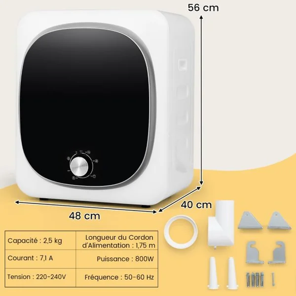 Sèche-Linge Compact 2,5KG Sèche-Linge Portable 800W avec 5 Modes de Séchage Tambour en Acier Inoxydable Bouton de Contrôle Facile