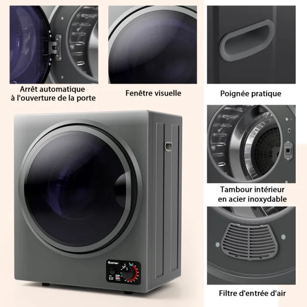 Sèche-linge Électrique Compact 2,5KG Capacité 42L Sèche-linge Portable 850W à Chargement Frontal avec 4 Modes Séchage et Cuve en Acier Inoxydable Blanc