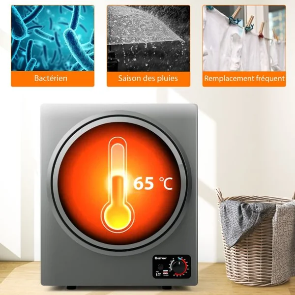 Sèche-linge Électrique Compact 2,5KG Capacité 42L Sèche-linge Portable 850W à Chargement Frontal avec 4 Modes Séchage et Cuve en Acier Inoxydable Blanc