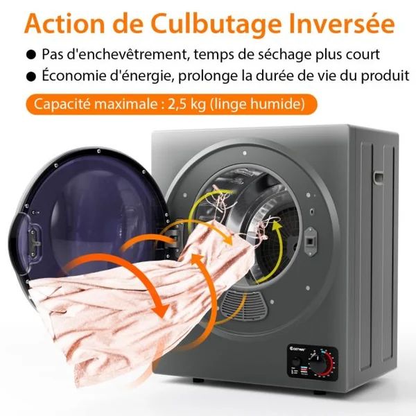 Sèche-linge Électrique Compact 2,5KG Capacité 42L Sèche-linge Portable 850W à Chargement Frontal avec 4 Modes Séchage et Cuve en Acier Inoxydable Blanc
