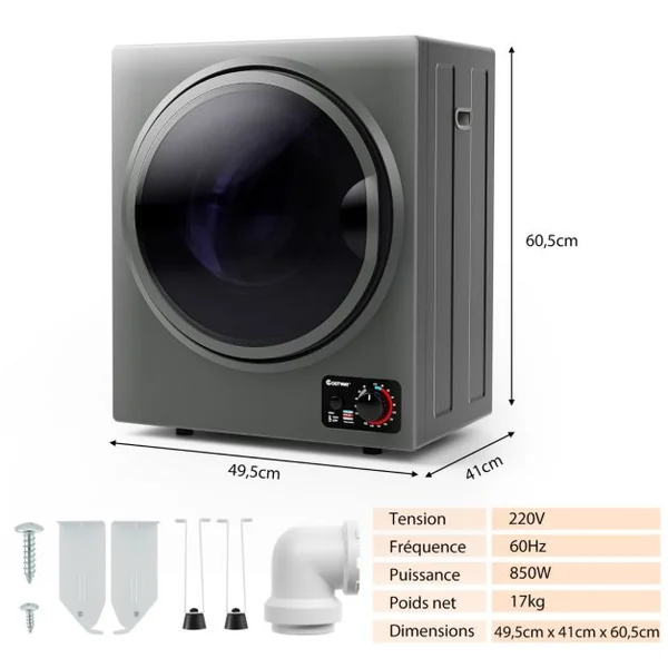 Sèche-linge Électrique Compact 2,5KG Capacité 42L Sèche-linge Portable 850W à Chargement Frontal avec 4 Modes Séchage et Cuve en Acier Inoxydable Blanc