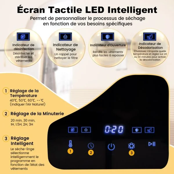Sèche-Linge Électrique Compact 2,5KG Sèche-Linge Portable 800W avec Tambour en Acier Inoxydable Écran Tactile LED et Séchage Intelligent