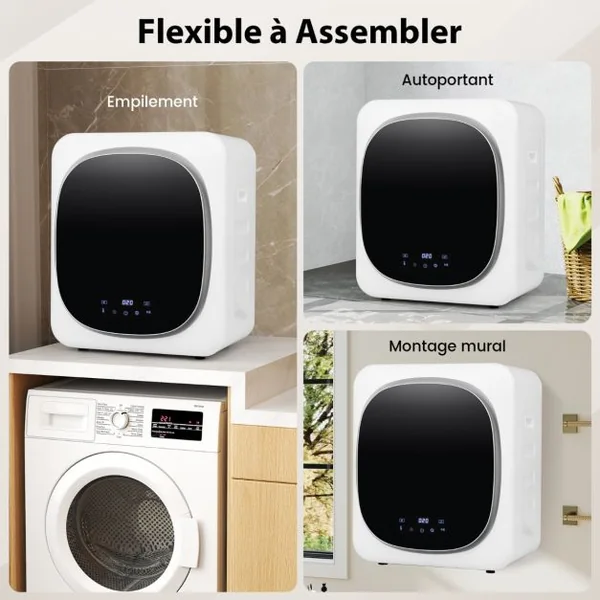 Sèche-Linge Électrique Compact 2,5KG Sèche-Linge Portable 800W avec Tambour en Acier Inoxydable Écran Tactile LED et Séchage Intelligent
