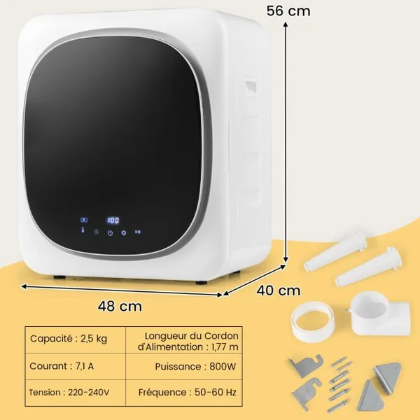 Sèche-Linge Électrique Compact 2,5KG Sèche-Linge Portable 800W avec Tambour en Acier Inoxydable Écran Tactile LED et Séchage Intelligent
