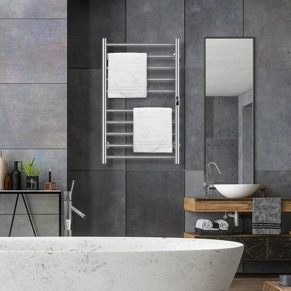 Sèche-Serviettes Électrique 30-60°C avec 10 Barres en Acier Inoxydable Chauffe-Serviettes 120W Étanche Murale avec Minuterie Affichage LCD