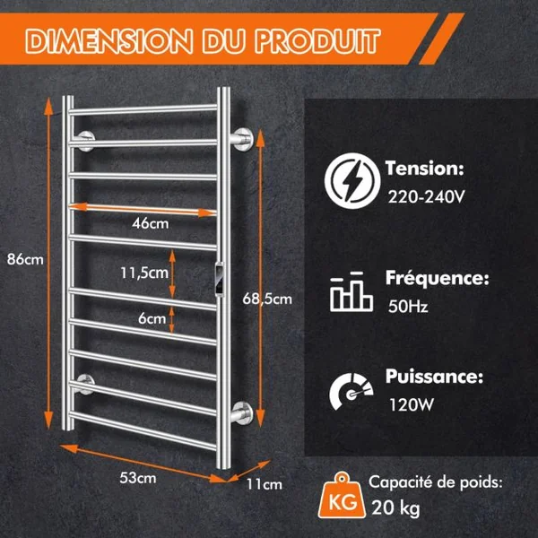 Sèche-Serviettes Électrique 30-60°C avec 10 Barres en Acier Inoxydable Chauffe-Serviettes 120W Étanche Murale avec Minuterie Affichage LCD