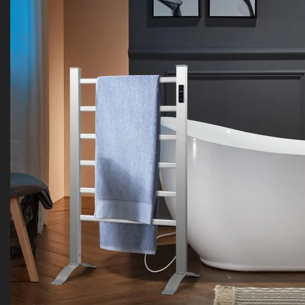 Sèche-Serviettes Électrique 30-60°C avec 5 Barres en Acier Inoxydable Chauffe-Serviettes 120W avec Affichage LED Protection Surchauffe Argent