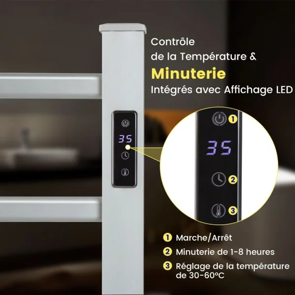 Sèche-Serviettes Électrique 30-60°C avec 5 Barres en Acier Inoxydable Chauffe-Serviettes 120W avec Affichage LED Protection Surchauffe Argent