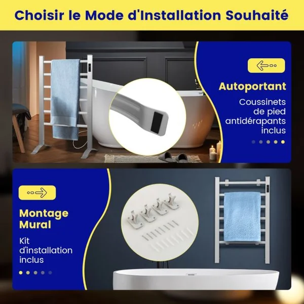 Sèche-Serviettes Électrique 30-60°C avec 5 Barres en Acier Inoxydable Chauffe-Serviettes 120W avec Affichage LED Protection Surchauffe Argent