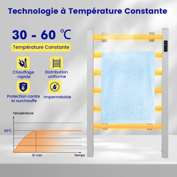Sèche-Serviettes Électrique 30-60°C avec 5 Barres en Acier Inoxydable Chauffe-Serviettes 120W avec Affichage LED Protection Surchauffe Argent