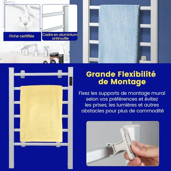 Sèche-Serviettes Électrique 30-60°C avec 5 Barres en Acier Inoxydable Chauffe-Serviettes 120W avec Affichage LED Protection Surchauffe Argent