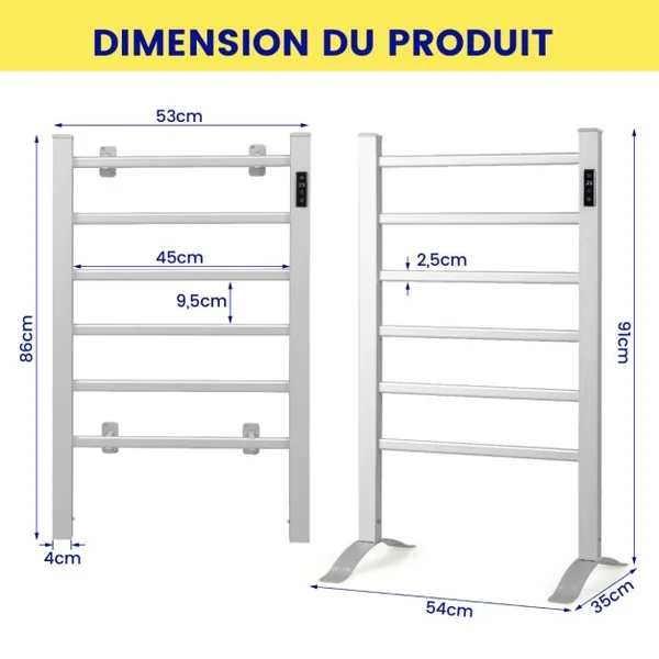Sèche-Serviettes Électrique 30-60°C avec 5 Barres en Acier Inoxydable Chauffe-Serviettes 120W avec Affichage LED Protection Surchauffe Argent