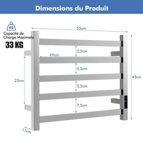 Sèche-Serviettes Électrique 30-60°C avec 5 Barres en Acier Inoxydable Chauffe-Serviettes 120W Étanche Murale avec Minuterie Affichage LED