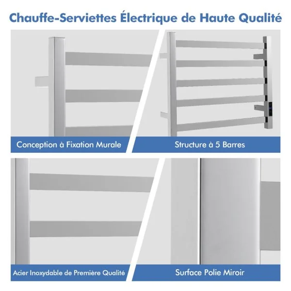 Sèche-Serviettes Électrique 30-60°C avec 5 Barres en Acier Inoxydable Chauffe-Serviettes 120W Étanche Murale avec Minuterie Affichage LED