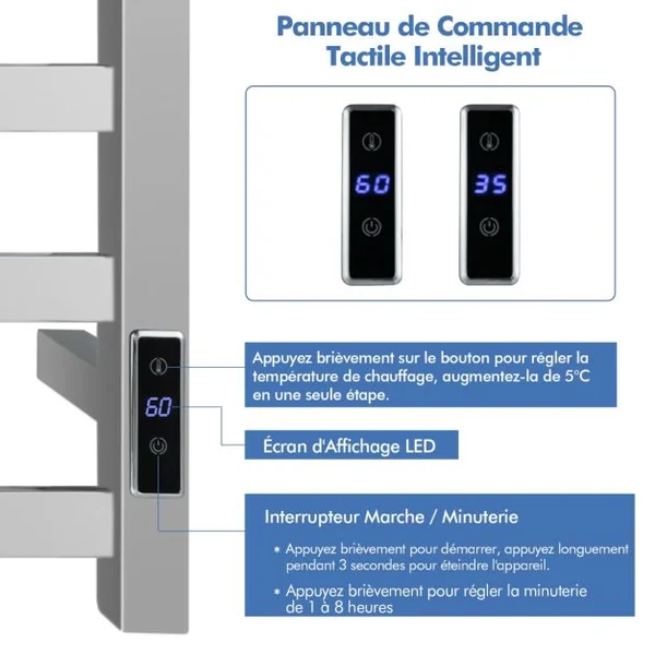 Sèche-Serviettes Électrique 30-60°C avec 5 Barres en Acier Inoxydable Chauffe-Serviettes 120W Étanche Murale avec Minuterie Affichage LED