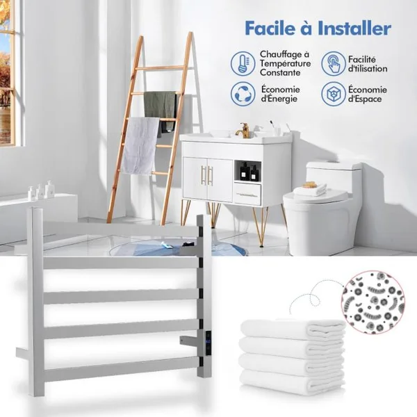 Sèche-Serviettes Électrique 30-60°C avec 5 Barres en Acier Inoxydable Chauffe-Serviettes 120W Étanche Murale avec Minuterie Affichage LED