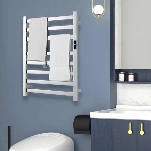 Sèche-Serviettes Électrique 30-60°C avec 8 Barres en Acier Inoxydable Chauffe-Serviettes 140W Étanche Murale avec Minuterie Affichage LED