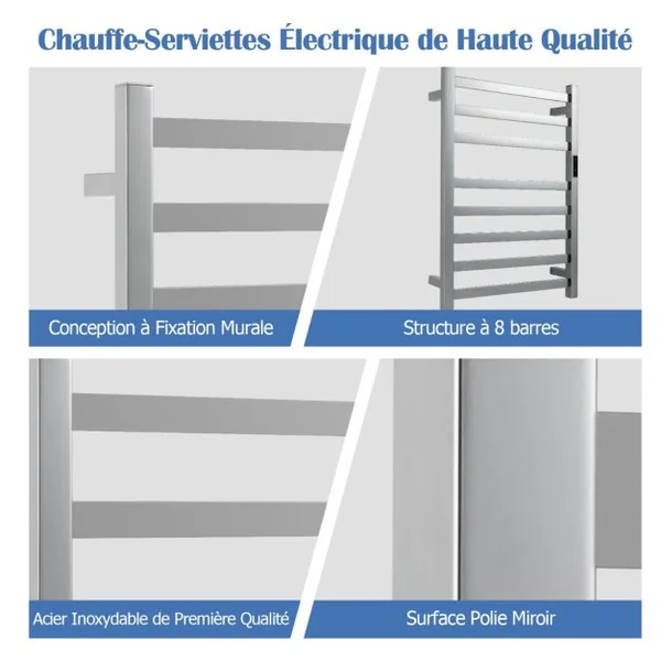 Sèche-Serviettes Électrique 30-60°C avec 8 Barres en Acier Inoxydable Chauffe-Serviettes 140W Étanche Murale avec Minuterie Affichage LED