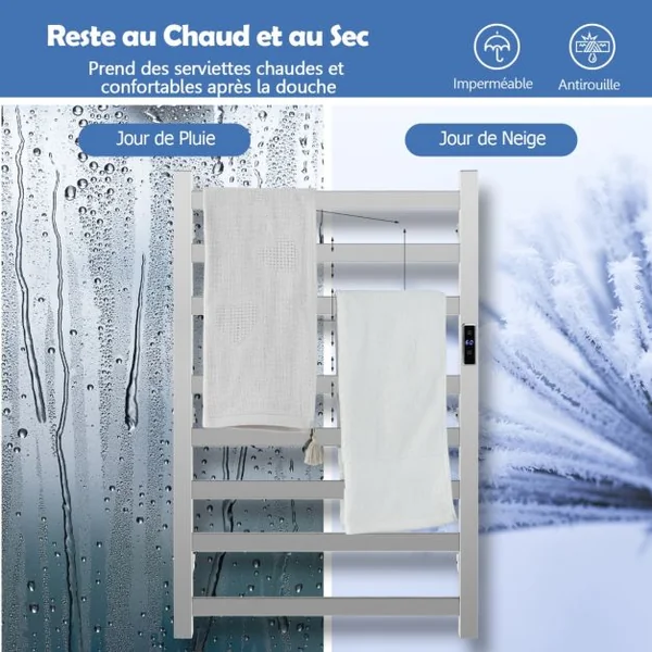 Sèche-Serviettes Électrique 30-60°C avec 8 Barres en Acier Inoxydable Chauffe-Serviettes 140W Étanche Murale avec Minuterie Affichage LED