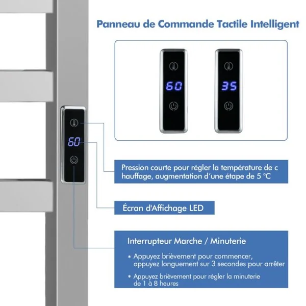 Sèche-Serviettes Électrique 30-60°C avec 8 Barres en Acier Inoxydable Chauffe-Serviettes 140W Étanche Murale avec Minuterie Affichage LED
