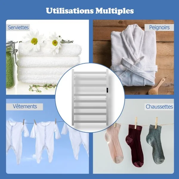 Sèche-Serviettes Électrique 30-60°C avec 8 Barres en Acier Inoxydable Chauffe-Serviettes 140W Étanche Murale avec Minuterie Affichage LED
