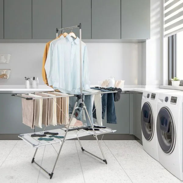 Séchoir à Linge Pliable Etendoir à Linge à 2 Niveaux Barre de Suspension Haute Hauteur Réglable Pinces a Chaussettes
