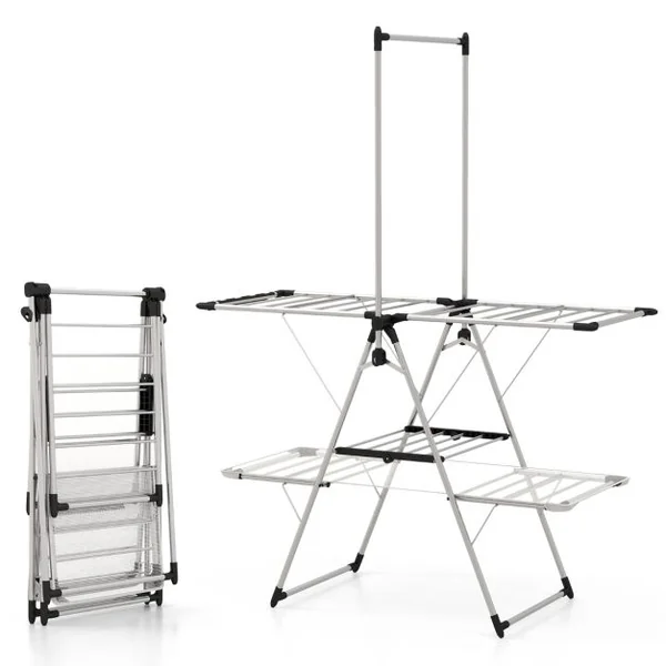 Séchoir à Linge Pliable Etendoir à Linge à 2 Niveaux Barre de Suspension Haute Hauteur Réglable Pinces a Chaussettes