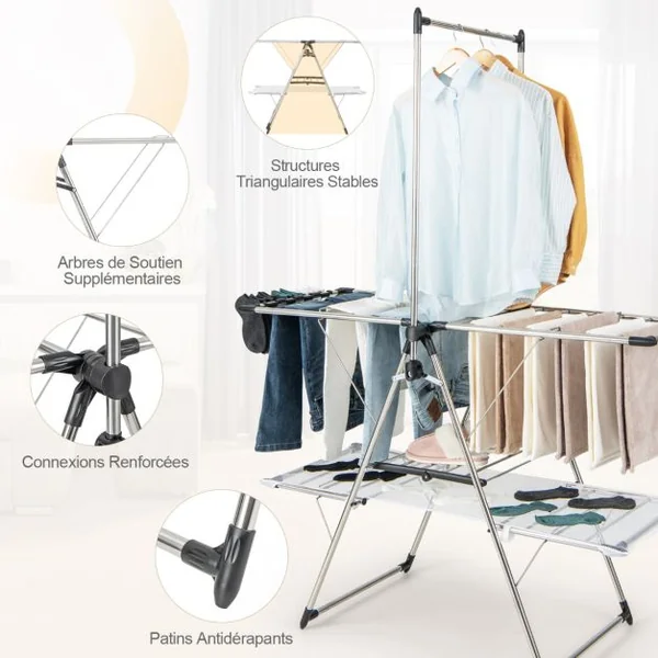 Séchoir à Linge Pliable Etendoir à Linge à 2 Niveaux Barre de Suspension Haute Hauteur Réglable Pinces a Chaussettes