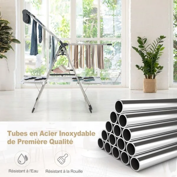Séchoir à Linge Pliable Etendoir à Linge à 2 Niveaux Barre de Suspension Haute Hauteur Réglable Pinces a Chaussettes