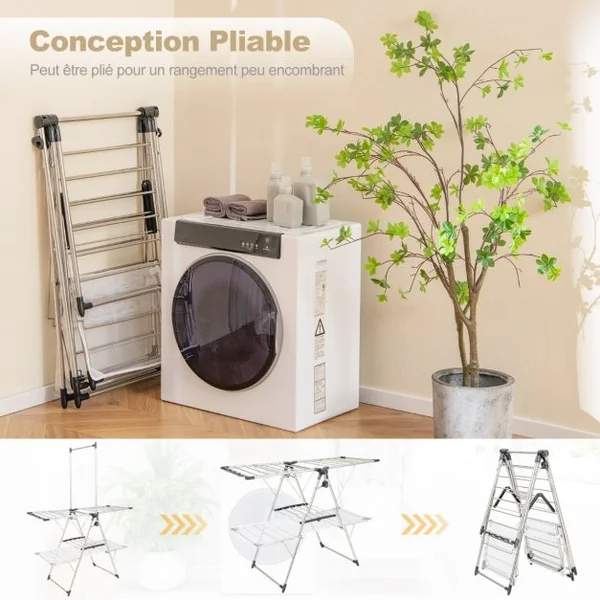 Séchoir à Linge Pliable Etendoir à Linge à 2 Niveaux Barre de Suspension Haute Hauteur Réglable Pinces a Chaussettes