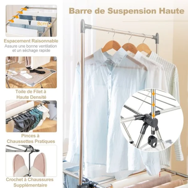 Séchoir à Linge Pliable Etendoir à Linge à 2 Niveaux Barre de Suspension Haute Hauteur Réglable Pinces a Chaussettes