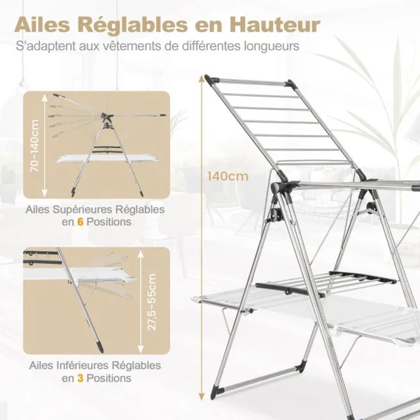 Séchoir à Linge Pliable Etendoir à Linge à 2 Niveaux Barre de Suspension Haute Hauteur Réglable Pinces a Chaussettes