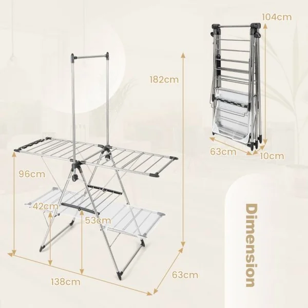 Séchoir à Linge Pliable Etendoir à Linge à 2 Niveaux Barre de Suspension Haute Hauteur Réglable Pinces a Chaussettes