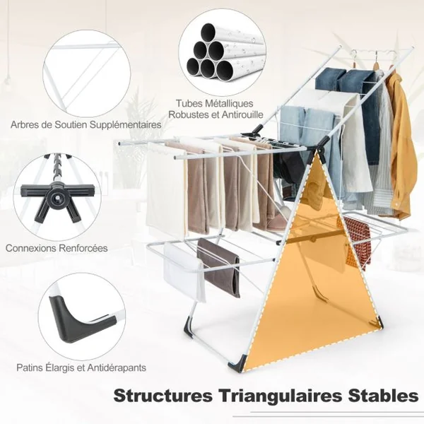Séchoir à Linge Pliable à 2 Niveaux Ailes Réglables en Hauteur 33 Rails de Séchage et Pinces à Chaussettes Etendoir à Vêtements Autoportant